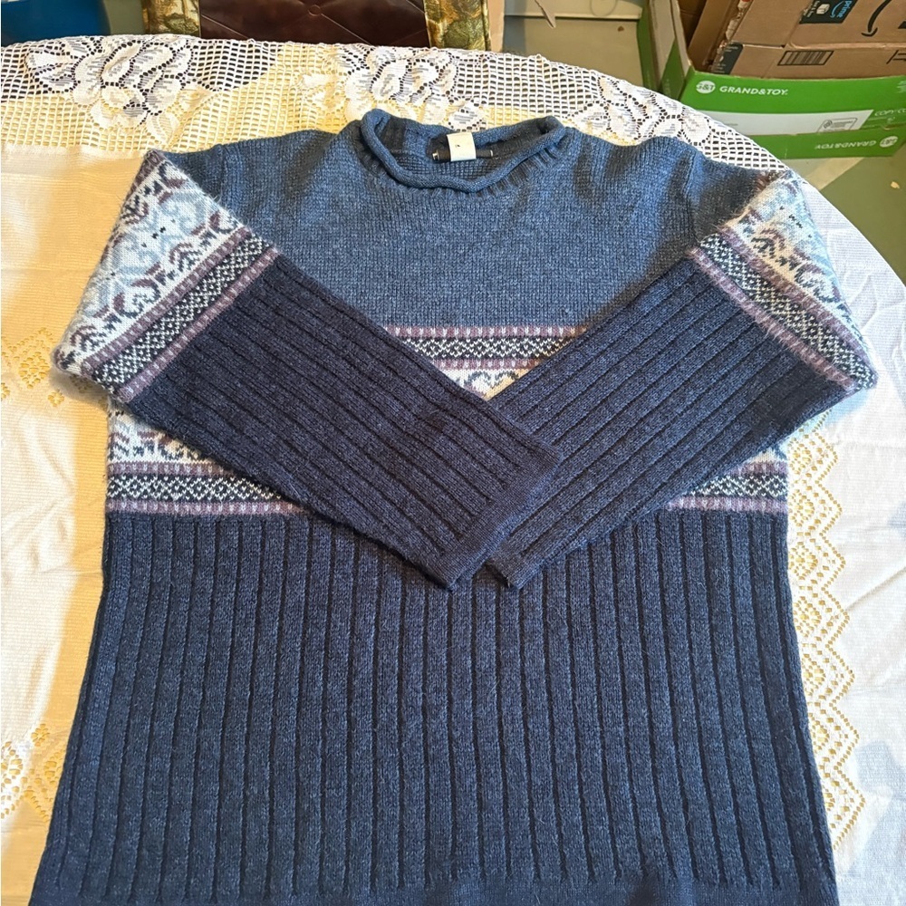 Vintage Fashion Bug Women's Blue and Gray Turtleneck Sweater